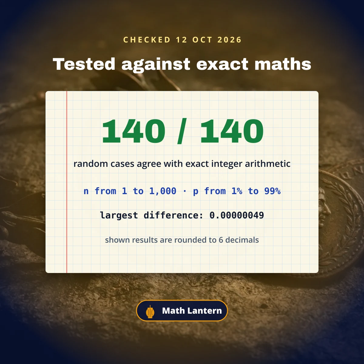 Binomial calculator tested on 140 random cases against exact integer arithmetic with all results matching